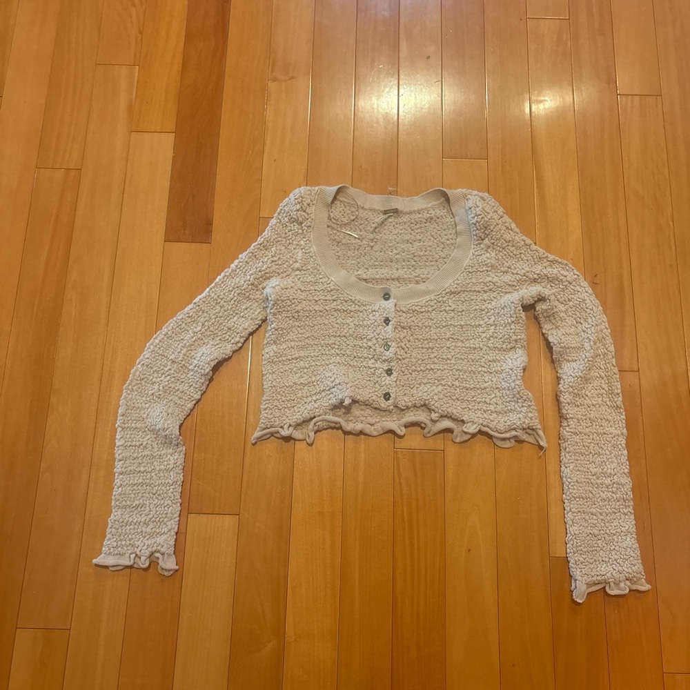 Free People Off-White Textured Button-Up Crop Top